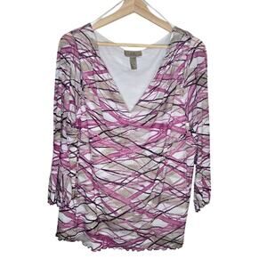 i.e. Woman Pink & White Abstract Print Cowl Neck Top Size 2X Plus 0313
